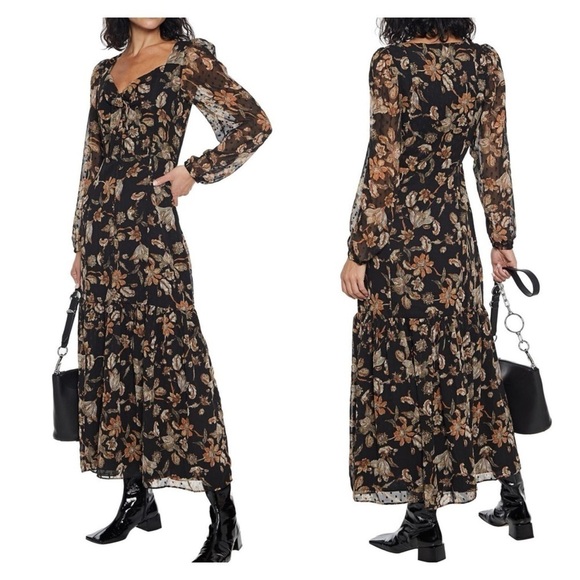 WALTER BAKER Sophia Black Floral Long Sleeve V Neck Maxi Dress Size 0 NWT - Picture 1 of 11